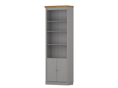 Estante alta com 2,20m para biblioteca na cor cinza e cera com duas portas de madeira / coleção biblioteca
